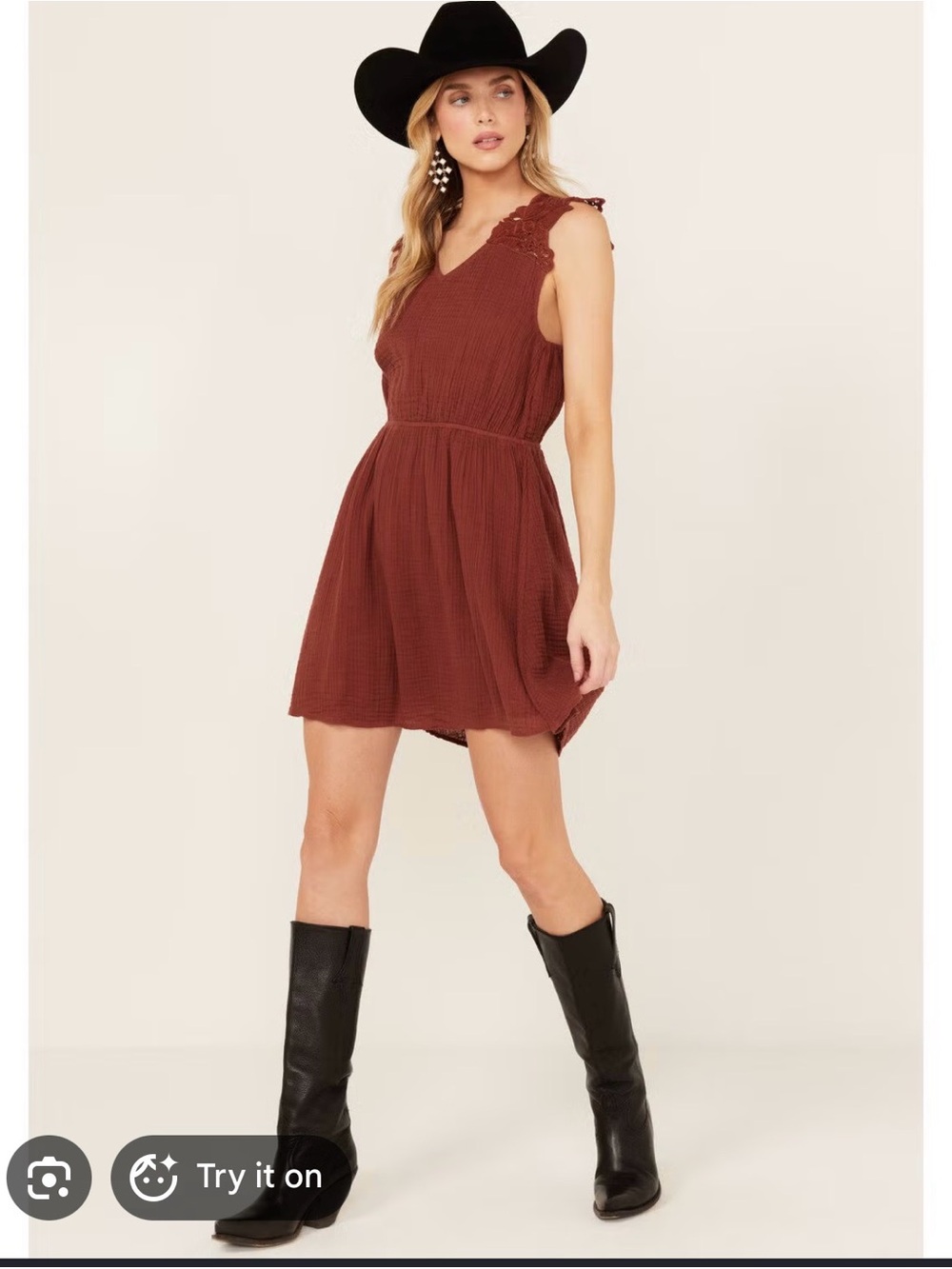 Rust Orange Cleo and wolf Lace-Shoulder Sleeveless Linen Dress